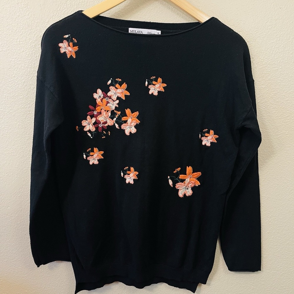 Mulaya Floral Embroidered Knit Sweater Black Multi Whimsygoth Dark Fairy Size M‎